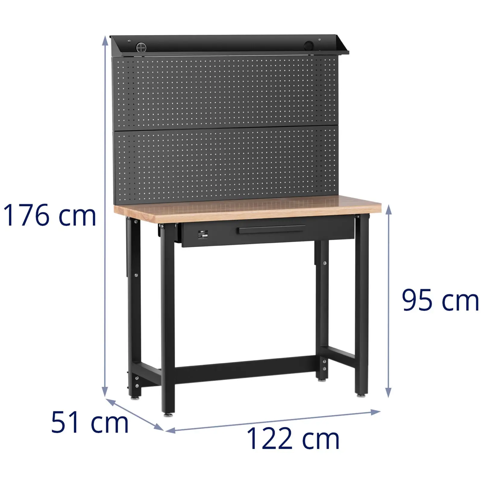 Stół warsztatowy - 122 x 51 cm - regulowana wysokość 95-176  cm - 227 kg - z szufladą i perforowaną tablicą