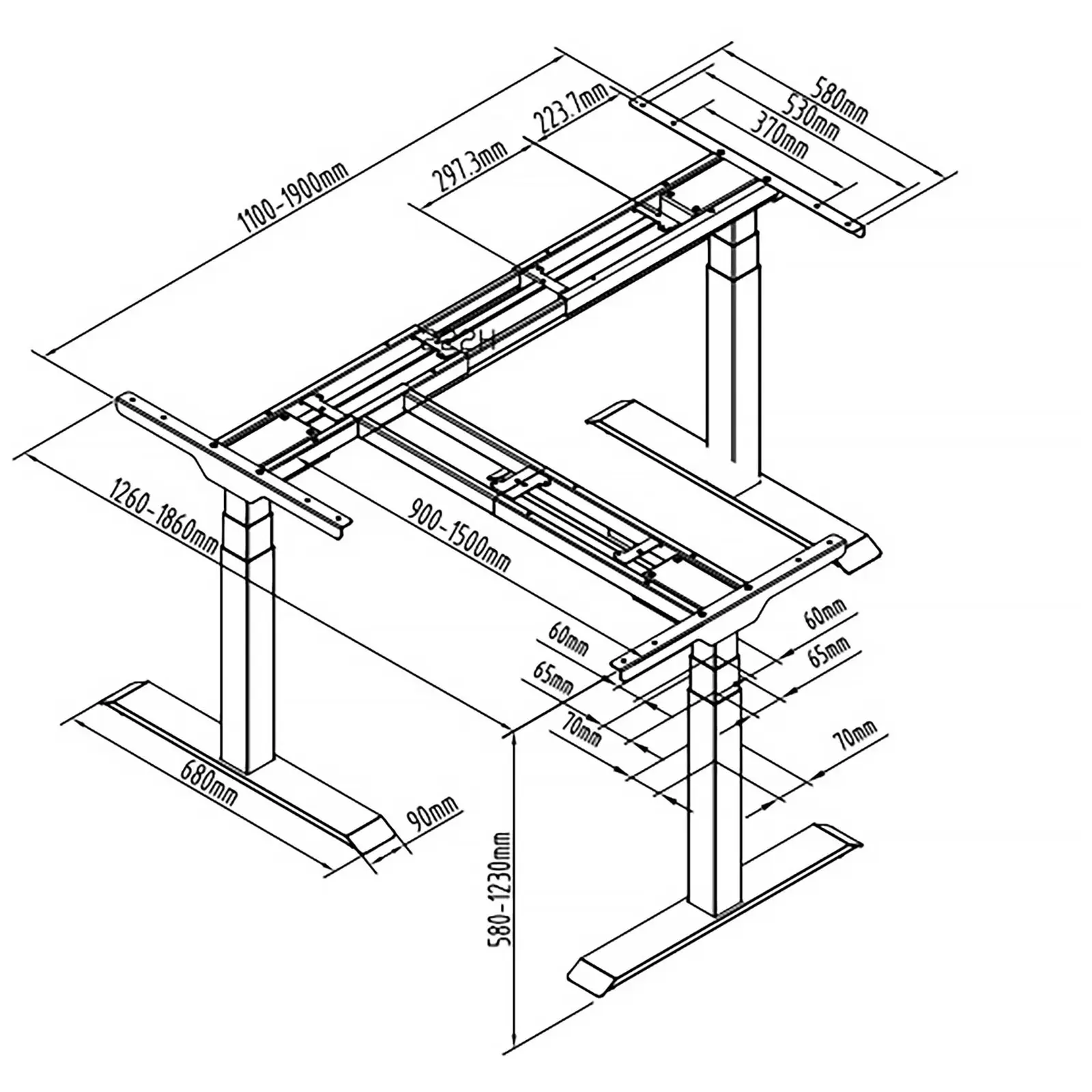 Stelaż biurka elektrycznego narożnego - wysokość 58-123 cm - szerokość z lewej: 90-150 cm / prawej: 110-190 cm - kąt 90° - 150 kg