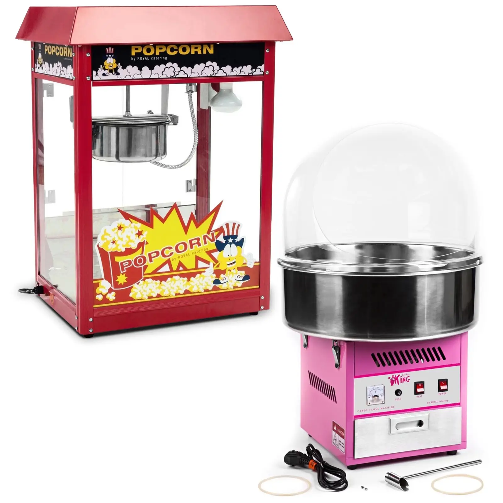 Zestaw Maszyna do waty cukrowej - 52 cm - pokrywa + Maszyna do popcornu - czerwony daszek